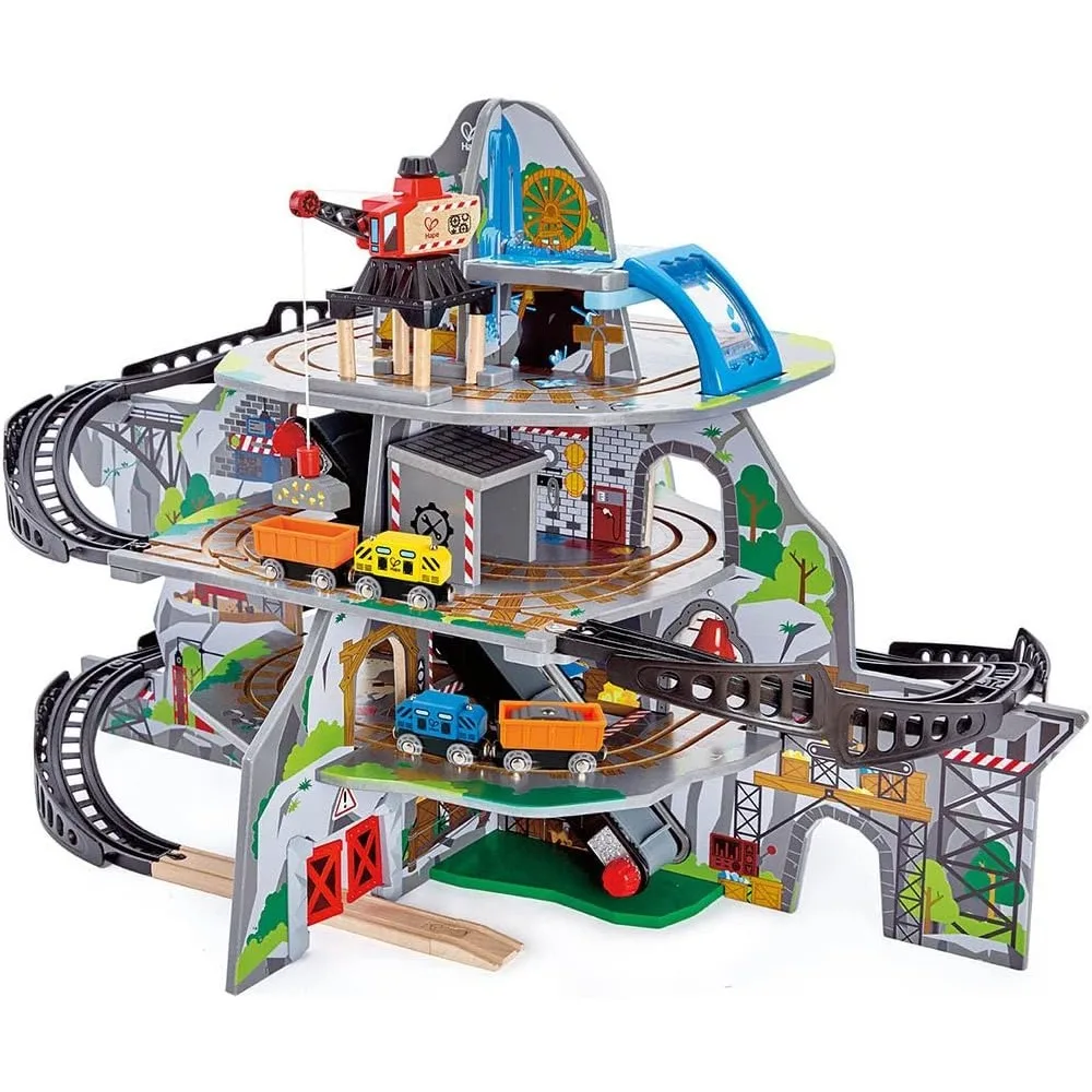 Wooden Railway Mighty Mountain Mine Railway Playset| 4-Level Railway Train Track Playset with Crane and Magnetic Train Cars