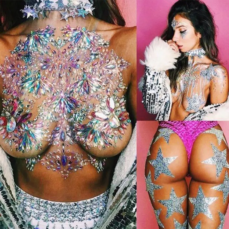 3D Shiny Crystal Girl Temporary Tattoo Sticker Chest Acrylic Rhinestone Chest Sticker Diamond Strip Carnival Party Chest Ornamen