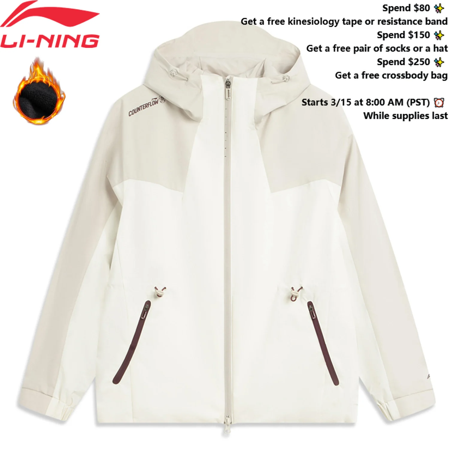 Li-Ning Sudadera de lana 3 en 1 para mujer y cortavientos LN WARM PFC-FREE WATER REPELLENT Chaquetas deportivas con forro AWBV090 ﻿