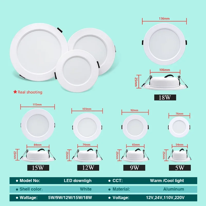 Imagem -02 - Luz de Teto Redonda Led para Quarto e Cozinha Downlight Corpo Branco 5w 9w 12w 15w 18w dc 12v 24v ac 110v 220v Iluminação Interior