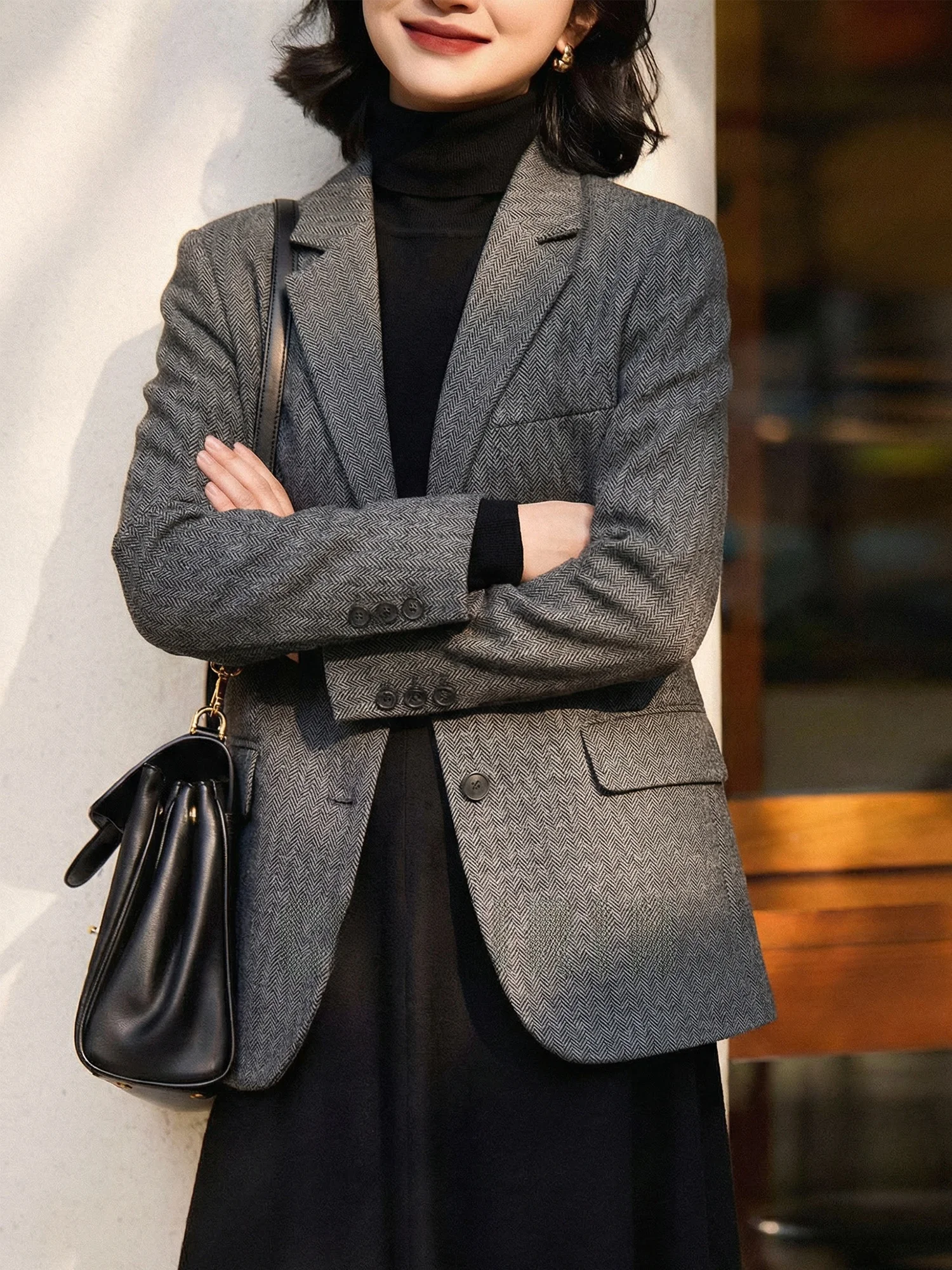 

Ele Woolen Women's Suiting Jaet Loose Fit Tweed Texture Commute Sle Spring Autumn Outerwear Chivirin Brand