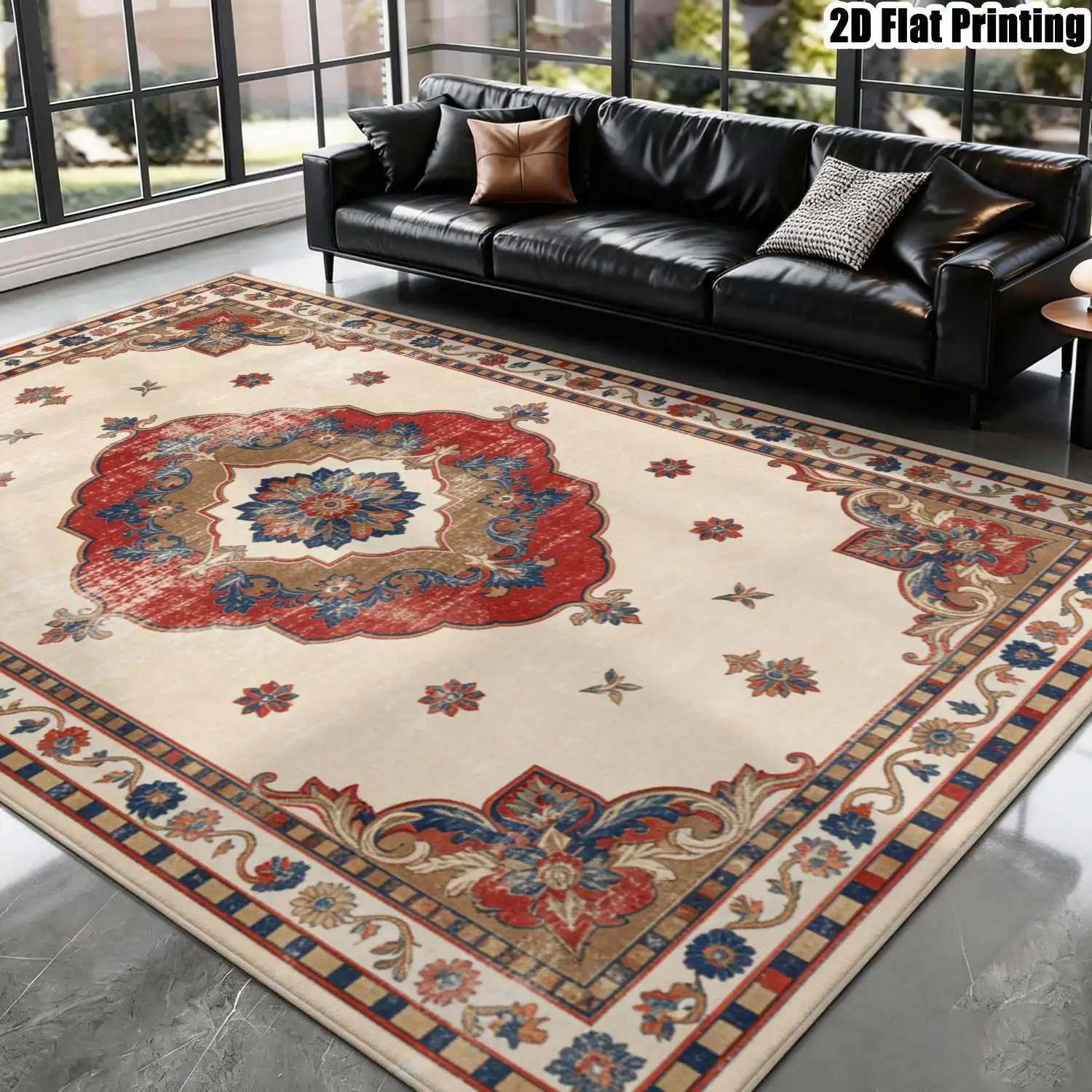 1Pc 2D Printed Retro Red-Brown Floral European Geometric Striped Minimalist Carpet, Multi-Size, Machine Washable, Suitable for Entrance, Dining, Foyer, Bedroom, Living Room Home Decor