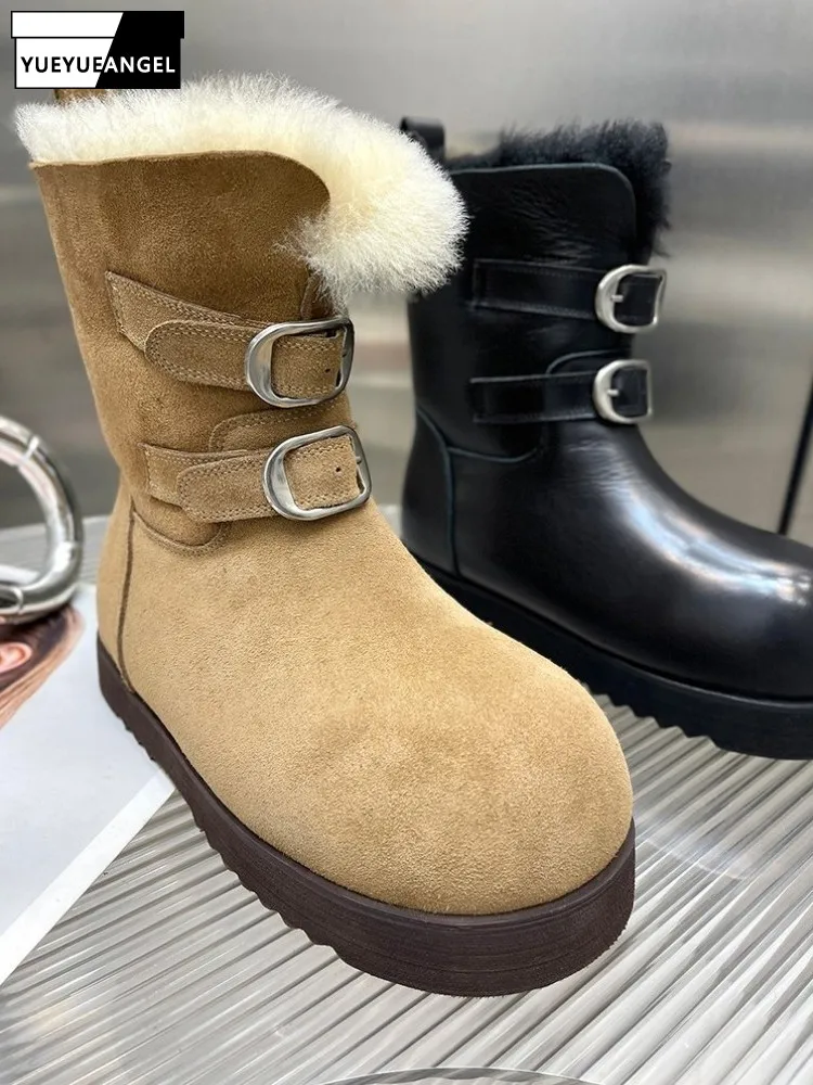 British Style Women Belt Buckle Ankle Boots Fleece Lining Slip-on Snow Boots Winter Warm Genuine Cowhide Thick Soled Footwear