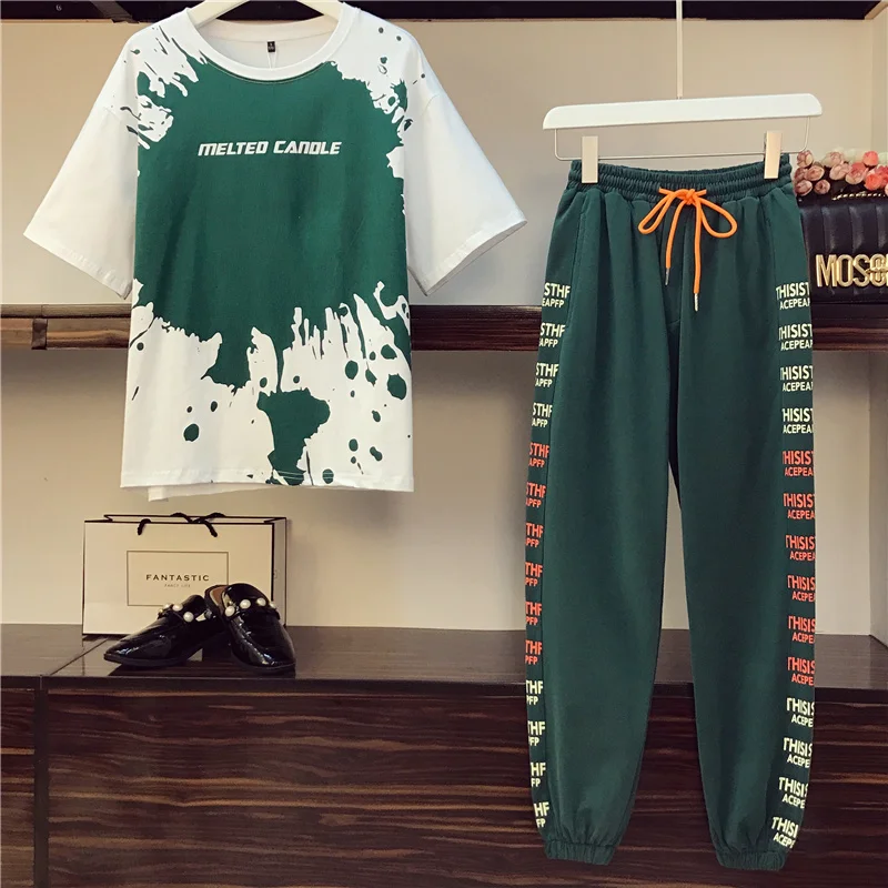 

Larg Size 5XL Women Trouser Green Suit T Shirt Top Pant Two Piece Set Matching Outfit Tracketsuit Female Fashion Letter Clothing