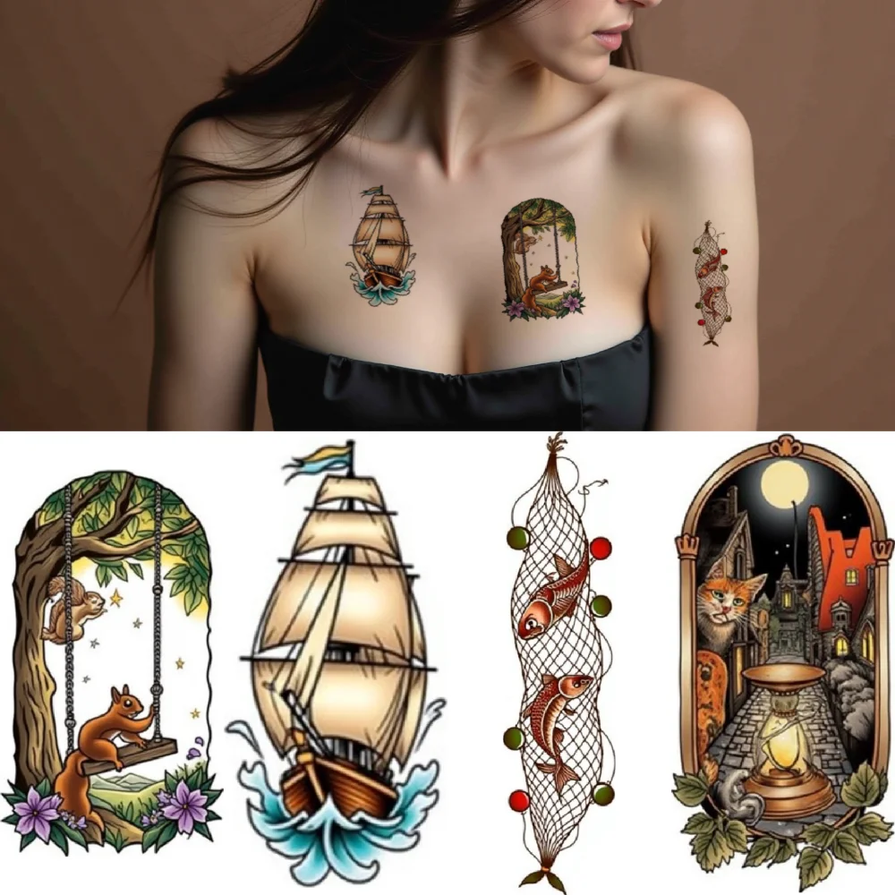 28pcs Temporary Tattoo Dragon New School Traditional Tree Swing Vintage House Waterproof Long-lasting Body Stickers For Men