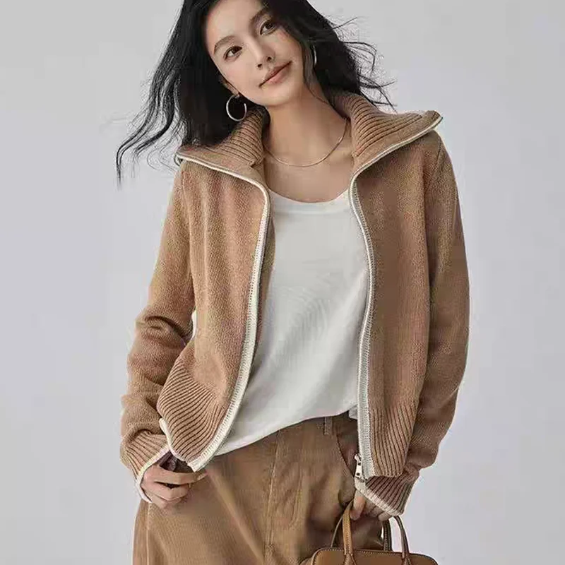2026 new autumn and winter 100% pure wool women's lapel double zipper sweater loose color block knitted cardigan