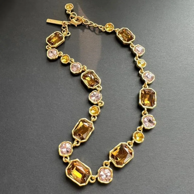 Retro Gold Vermeil Eco‑Metal Rectangle Cut Multi‑Color Gemstone Bezel‑Set Necklace Choker Vintage Byzantium High Jewelry Replica