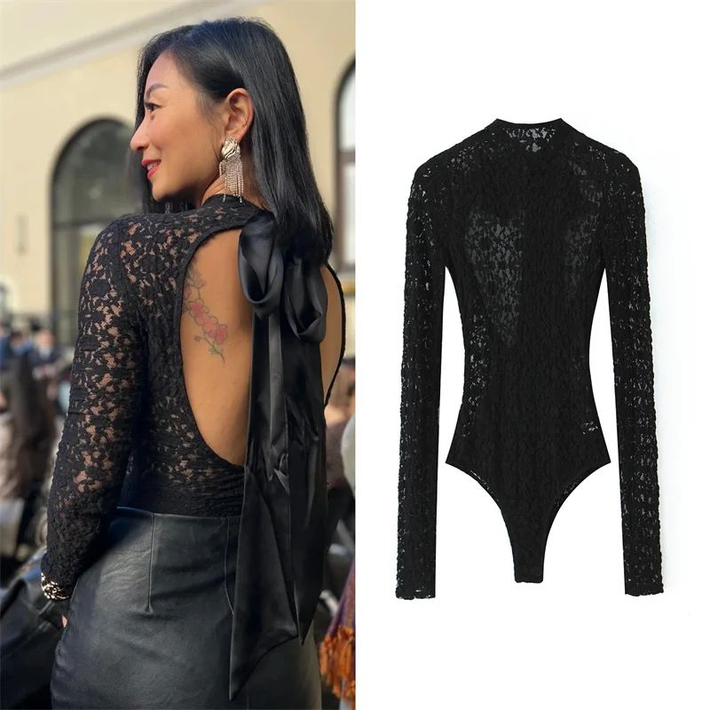 جمبسوت نسائي لخريف 2025 نمط جديد أسود بأكمام طويلة مع زخرفة فيونكة مثير مفتوح الظهر مع تفاصيل من الدانتيل عصري #1