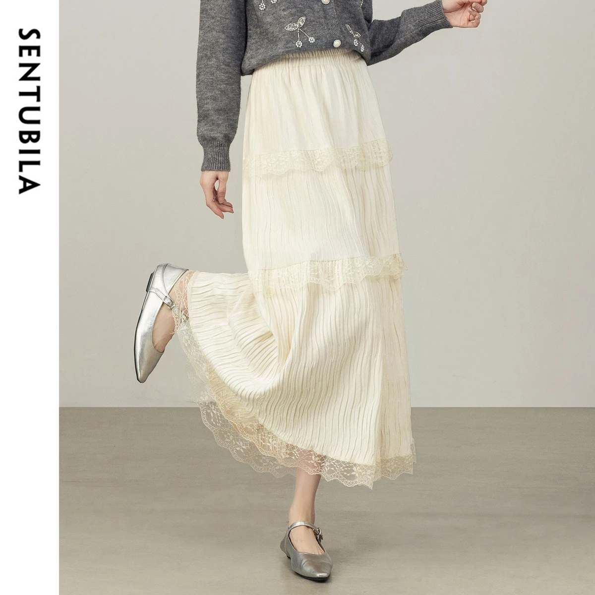 SENTUBILA Women's Long Velvet A-line Skirt 2026 Lace Panels & Three-tier Design Elastic High Waist Skirt Lady Clothes W54QA4115