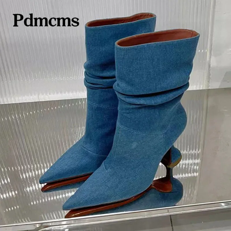 

Strange Style Heels Short Boots Woman Denim Pleated Modern Boots Pointed Toe Cup Heels Runway Shoes Women Botas Femininas