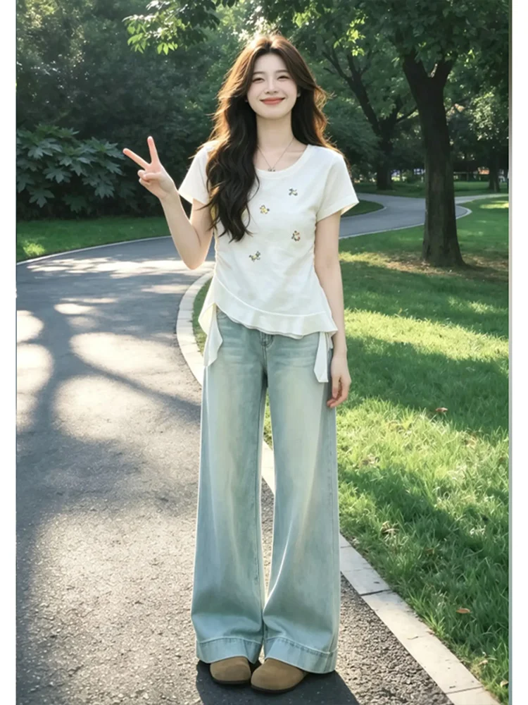 

Elegant Embroidered Bear Short Sleeve T-Shirt Women's Fashion Side Drawstring Slim Fit Summer New Style Casual Breathable