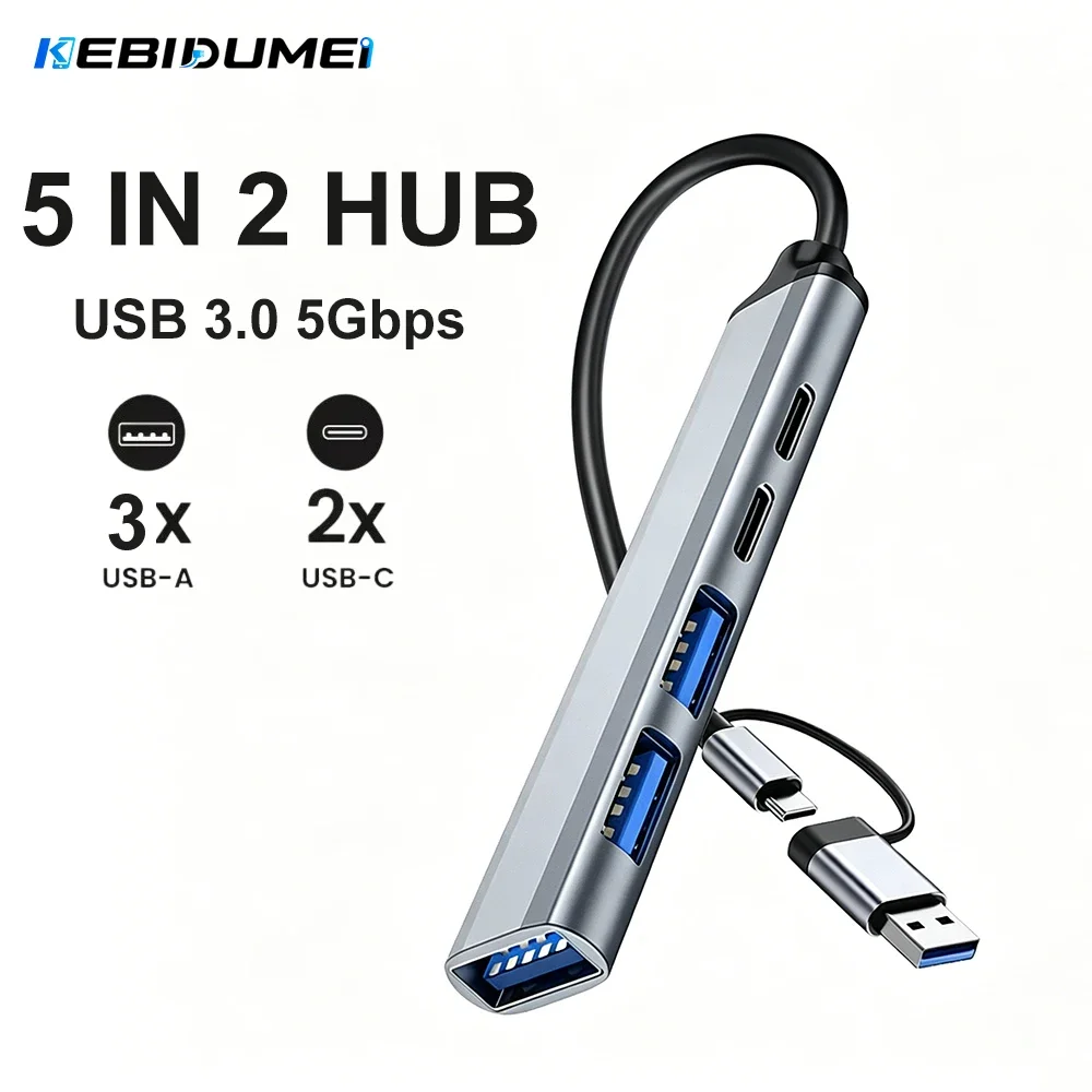 KEBIDUMEI 5 in 2 USB 3.0 HUB High Speed USB C to Type C DATA Transmission PD 65W USB Splitter OTG Adapter For PC Laptop MacBook