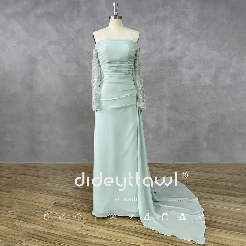 

DIDEYTTAWL Customized Real Photos Off Shoulder Sheer Sleeve Embroidery Ruched Bodice Floor Length Flowy Chiffon Elegant A-Line