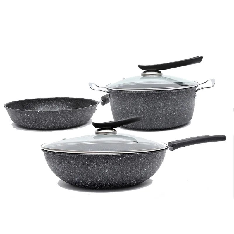 

Maifanshi non stick pot three piece set Household Korean style wheat rice stone wok cookware set cooking pot kitchen