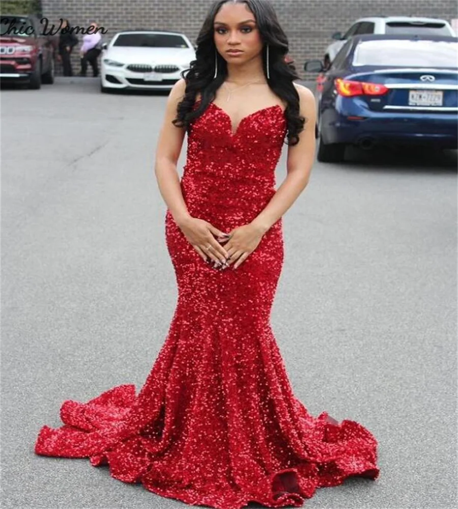 

Glitter Red Sequin Black Girls Prom Dress Sweetheart Mermaid Floor Length Evening Dress 2024 Formal Occasion Birthday Party Gown