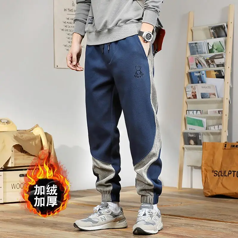 Outono inverno masculino na moda contraste cor retalhos bordado esportes jogger calças retro casual solto velo grosso quente moletom