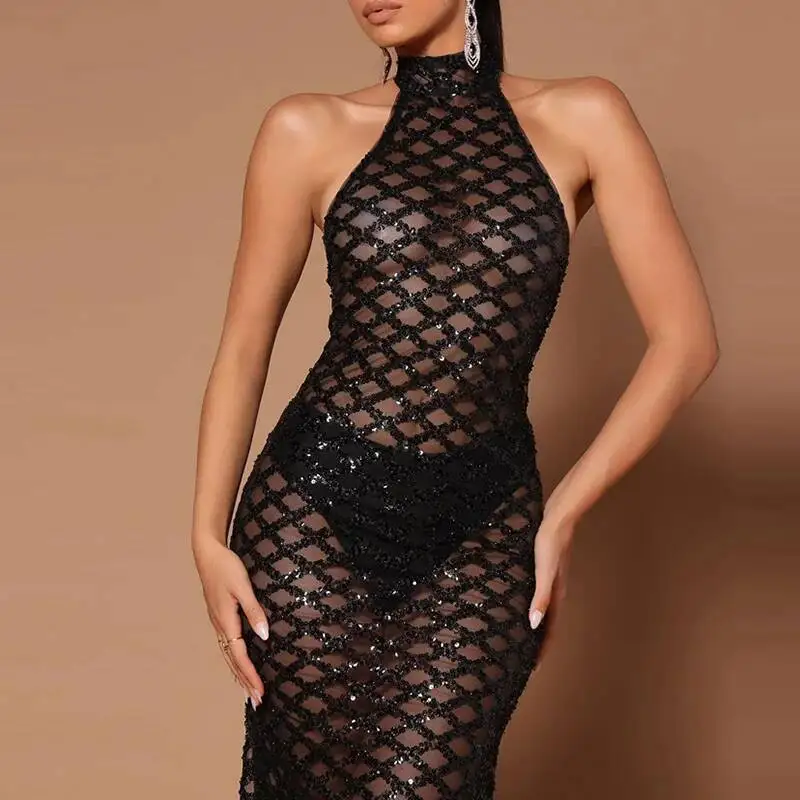 فستان نسائي نحيف هالتر مسائي مثير أنيق شبكي ترتر كامل الطول للحفلات أنيق بدون ظهر لامع