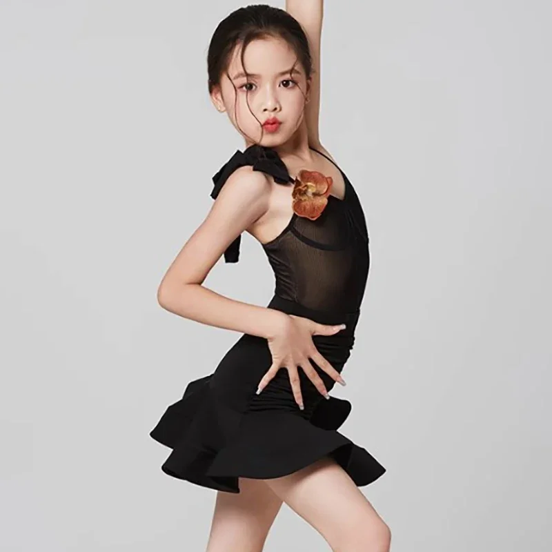 Latin Dance Dress for Girls Kids Sleeveless with Pleated Big Skirt Hem Practice Performance Split Set Ballet Dancewear Costume