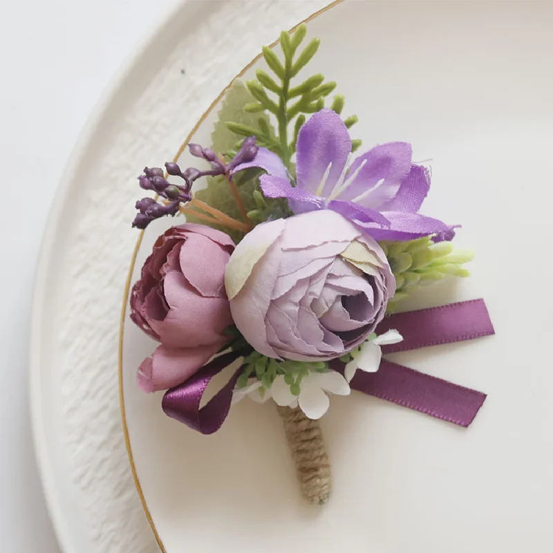 2438Wedding flower bouquet artificial flower business celebration opening guest corsage boutonniere handed flower purple