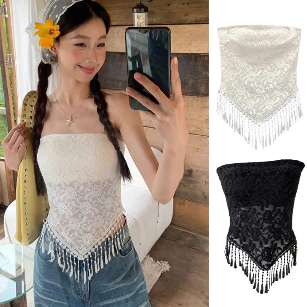 Tassel Lace Mesh Camisole Off Shoulder Seamless Lace Crop Tube Top Bottoming Shirt Slim Fit Sleeveless Vest with Pads