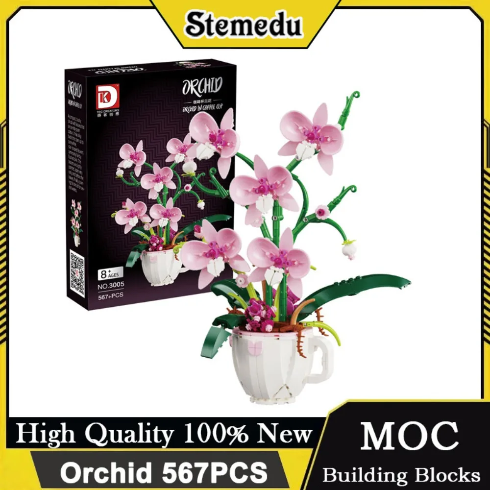 MOC Pink Orchid Flower Bouquet Building Blocks Kit DIY Bonsai Plant Model Romantic Home Decor Creative Gift for Adults Teens