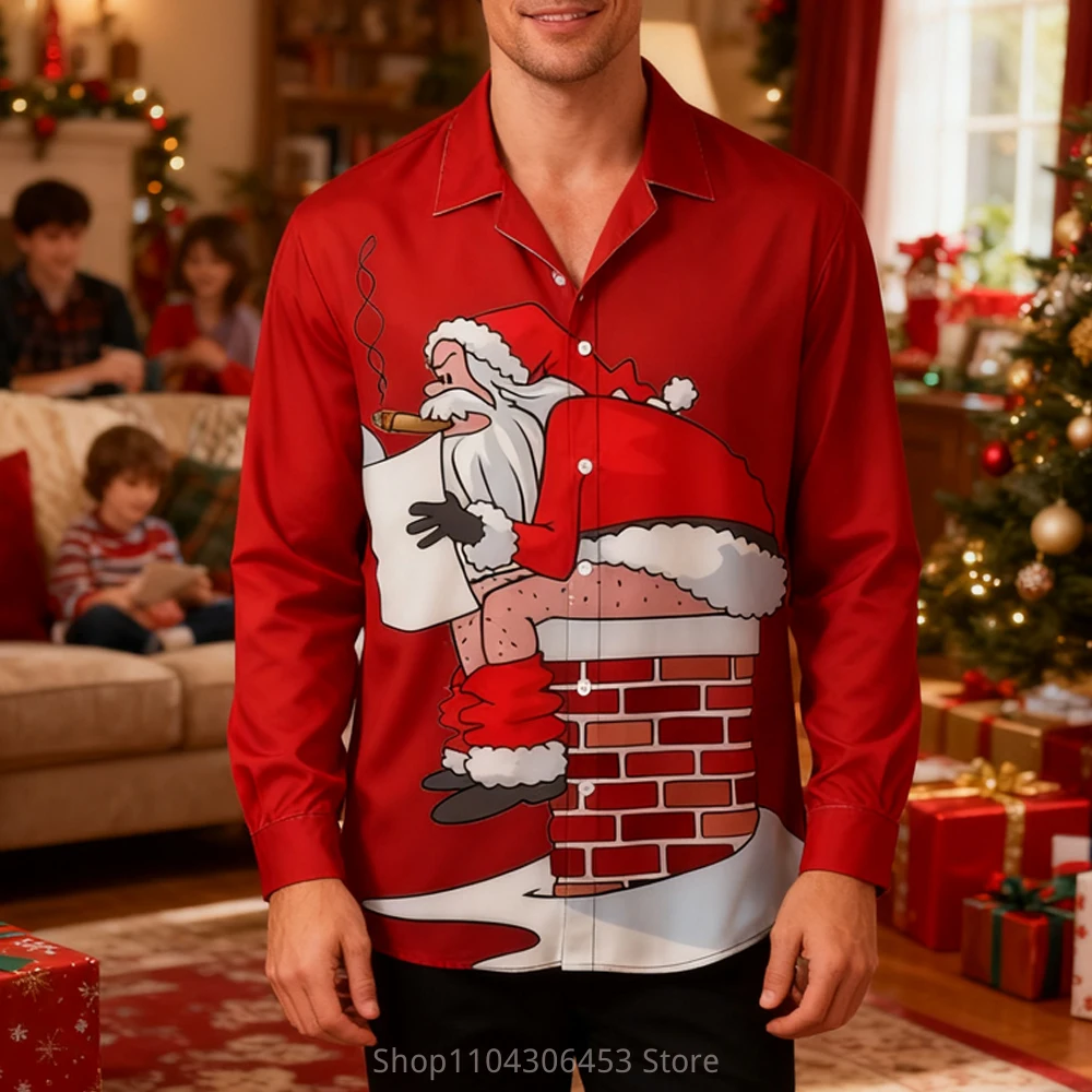 2025 Men's Christmas New Year Cartoon Funny Santa Claus Festive 3D Printing Lining Holiday Party Autumn and Winter New Gift Top