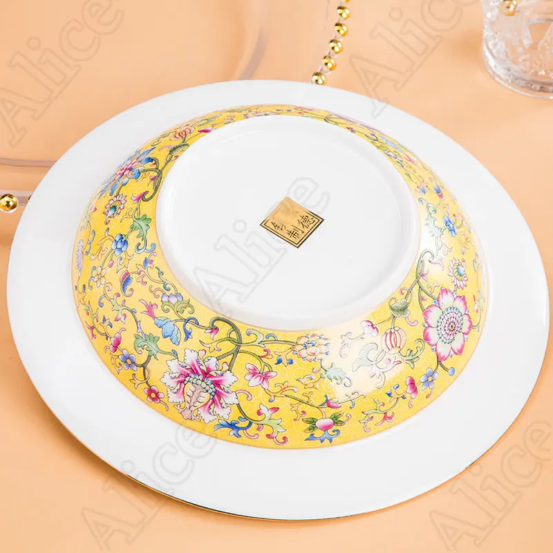 Jingdezhen Enamel Color Ceramic Plate with Lid Chinese Style Embossed Texture Dinner Plates Upscale Hotels Gold Stroke Tableware