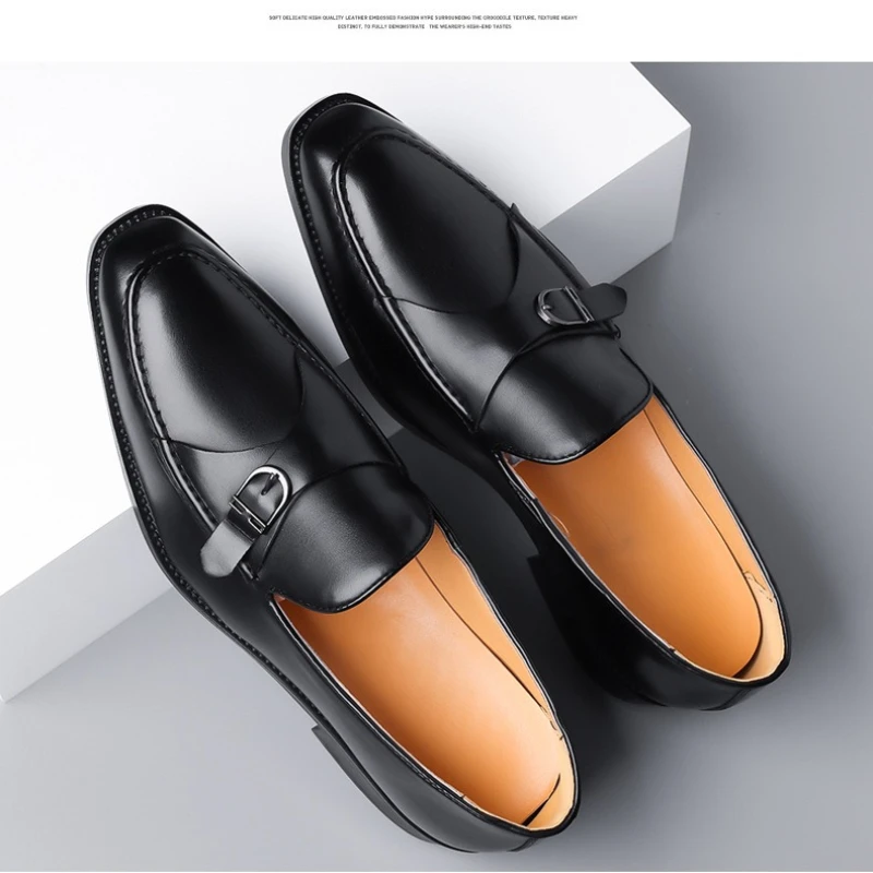 

Black Men's Business Casual Soft-soled Leather Formal Shoe Gentlemen Dress Loafers Fashion Breathable Men Party Monk Strap Shoes