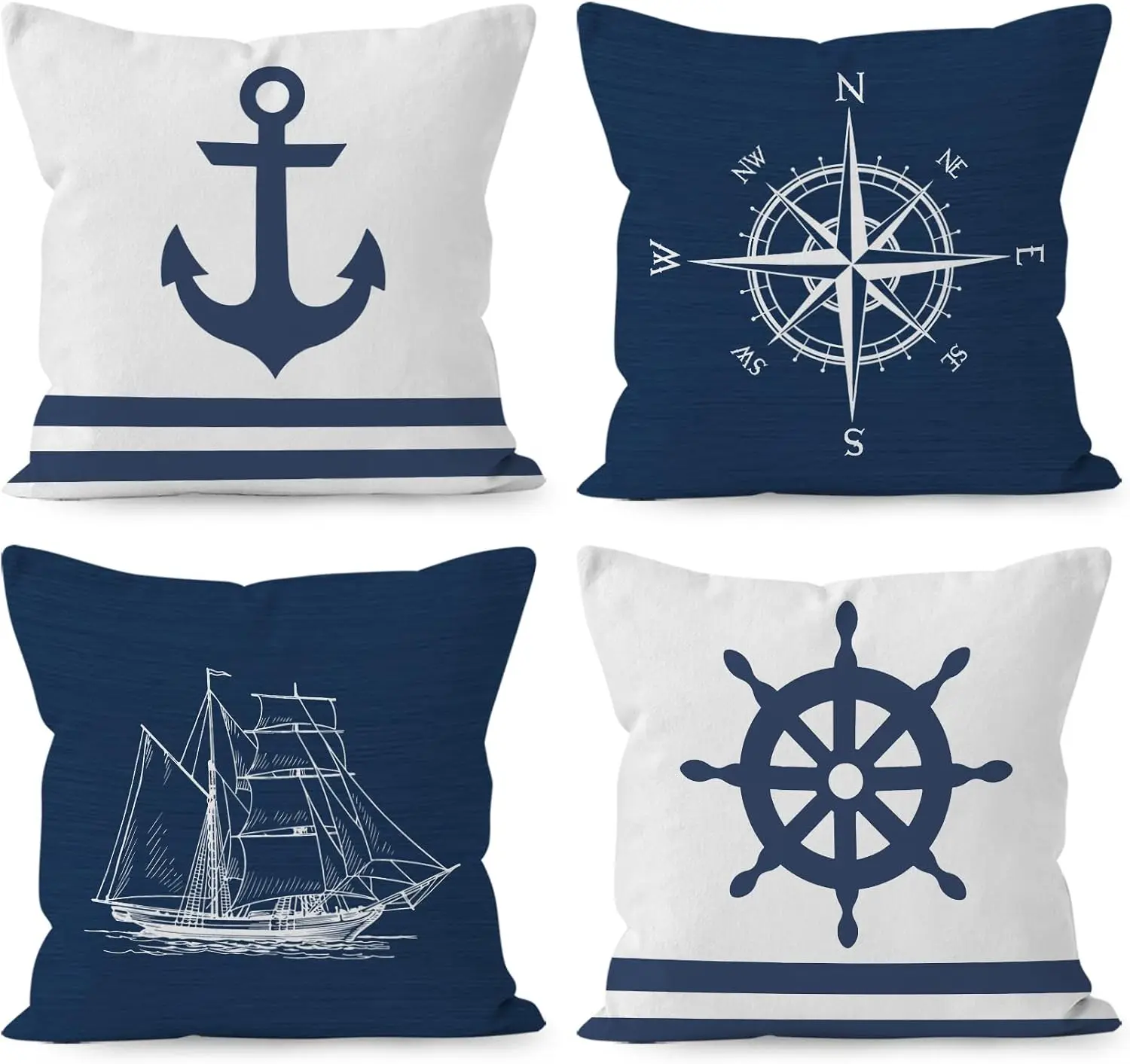 4Pcs Navy Blue Nautical Throw Pillow Covers, Marine Cushion Cases with Anchor and Compass for Living Room Sofa Home Decor