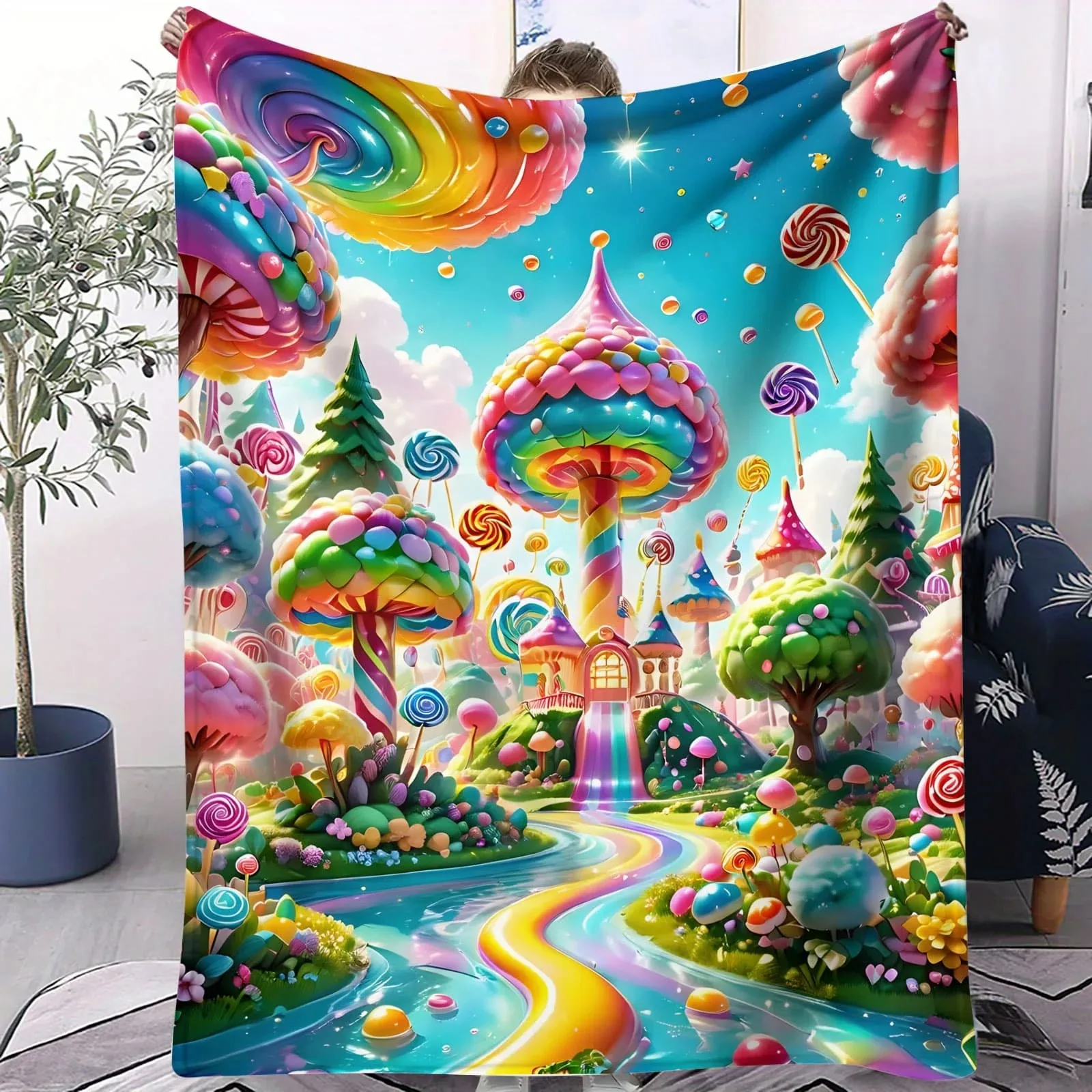

Vibrant Candy Mushroom House & Christmas Gingerbread Village Fleece Blanket - Colorful Themed Soft Throw for Living Room Decor