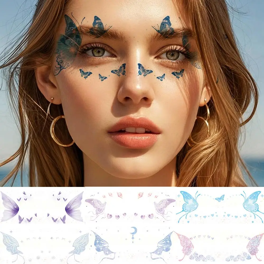 Tatuaje temporal de mariposa 3D, pegatina rosa, azul, púrpura, gliter, mariposas, tatuajes para elfo, Hada, maquillaje, decoración del cuerpo y de ojos, 1/6 piezas