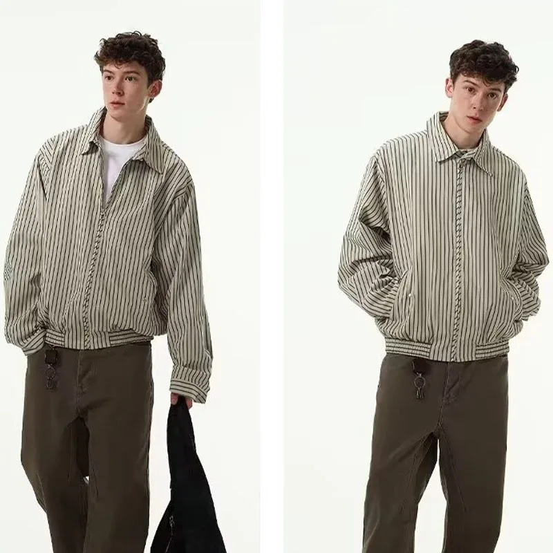 

New temperament autumn high-end men's fashion short striped jacket men's lapel zipper casual loose pilot jacket men's top