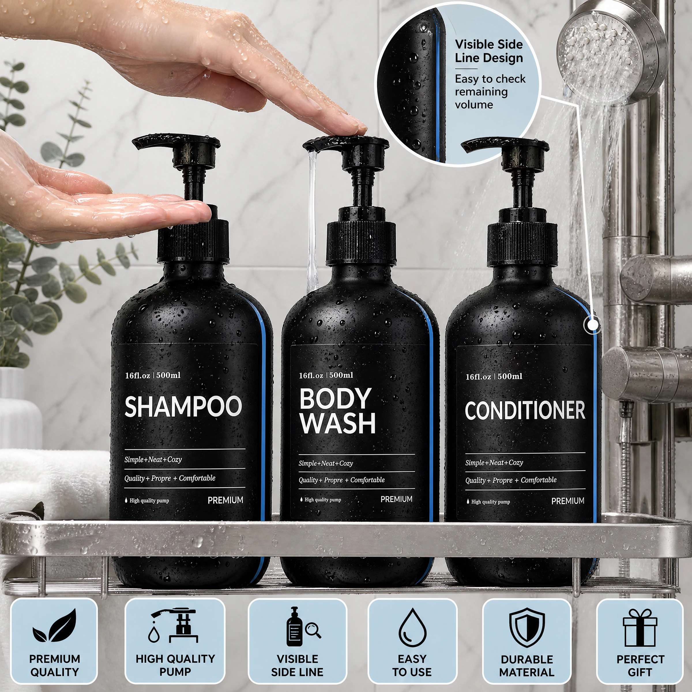 1set Shower Soap Dispenser with Visible Window - Reusable Shampoo and Conditioner Bottles Perfect for Home, Hotels, Vacation, RV