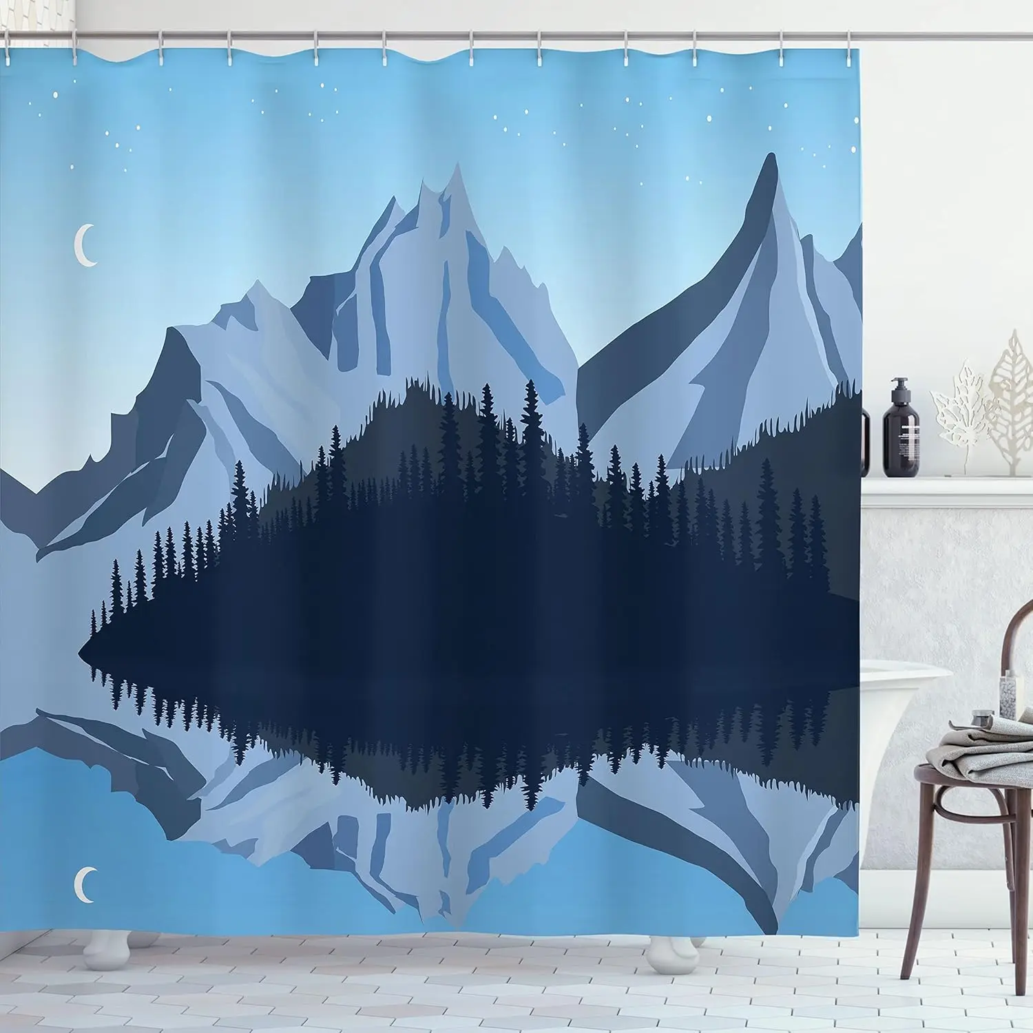 

Night Mountain Shower Curtain Moon Stars Lake Reflection Forest Landscape Art Blue Tone Bath Decor Waterproof Fabric Nature