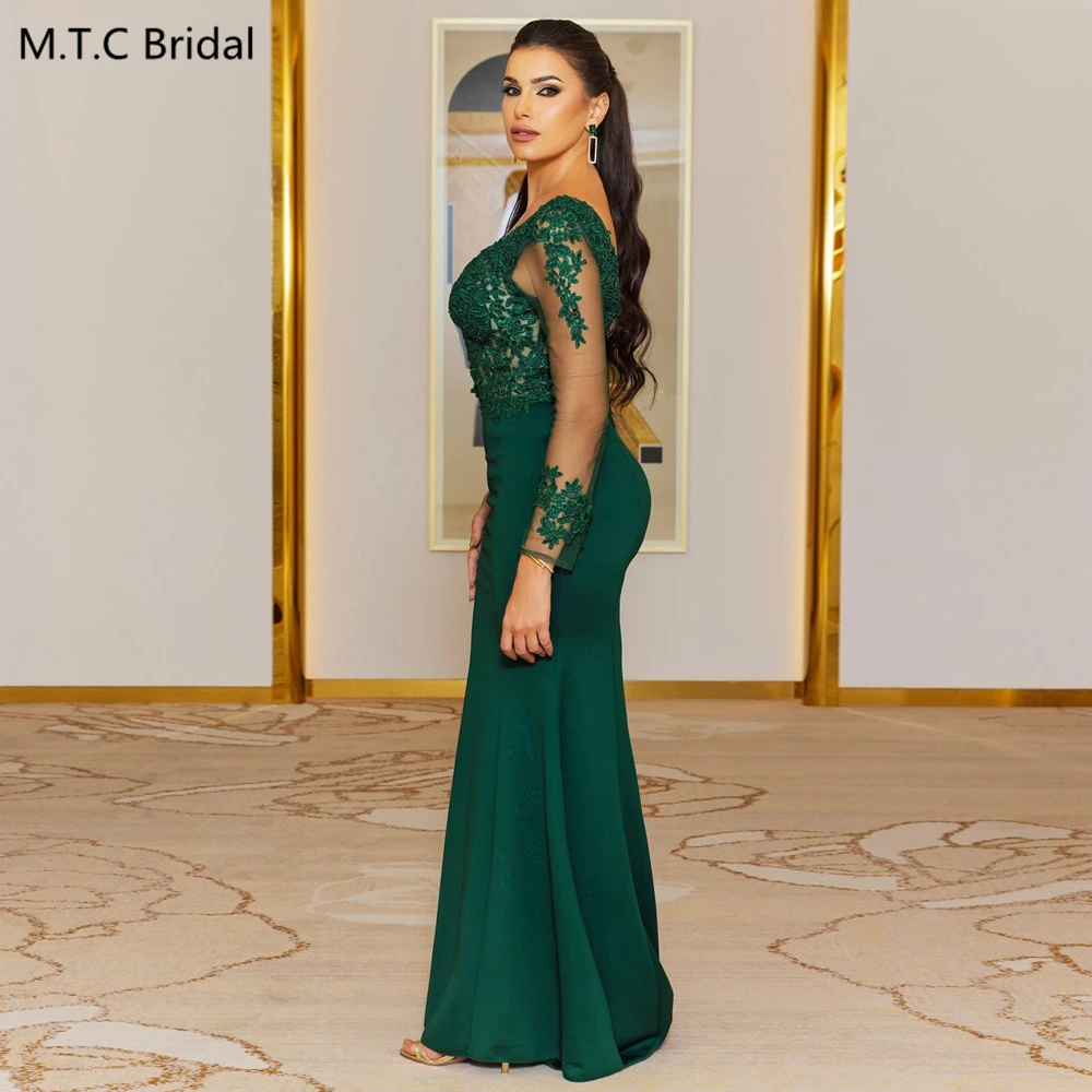 فستان سهرة بحورية البحر باللون الأخضر بأكمام طويلة 2025 أنيق مزين بالدانتيل الوهم من الساتان مناسبة رسمية حسب الطلب