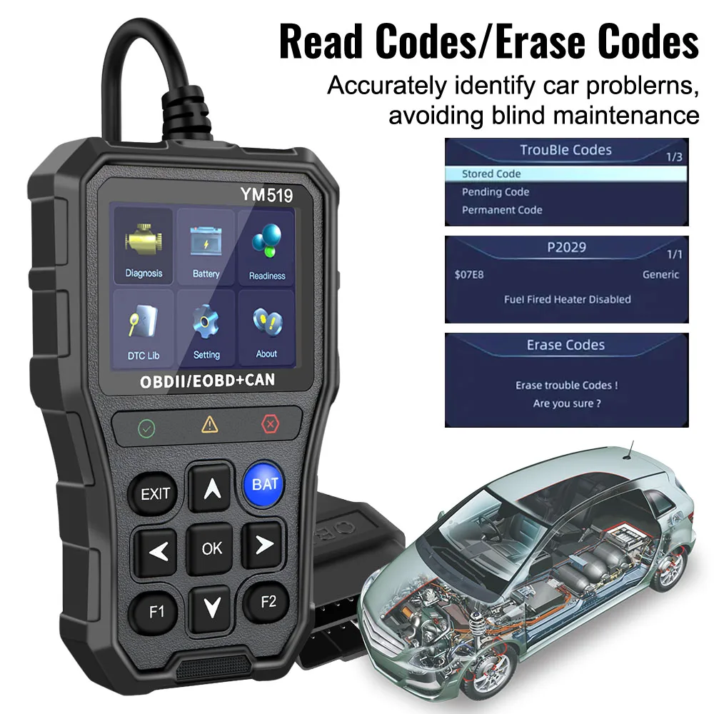 Picture 7: OBD2 Code Reader YM519 Battery Tester Check Engine System Car Diagnostic Tool Multi-language Fault Code Scanner Code Reader