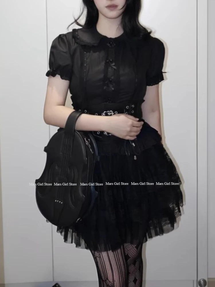 Japanese Lolita Sweet Girls Short-sleeved Tops Women Goth Lace Bow Shirt Single-breasted Blouse Cute Doll Collar Slim Tees New