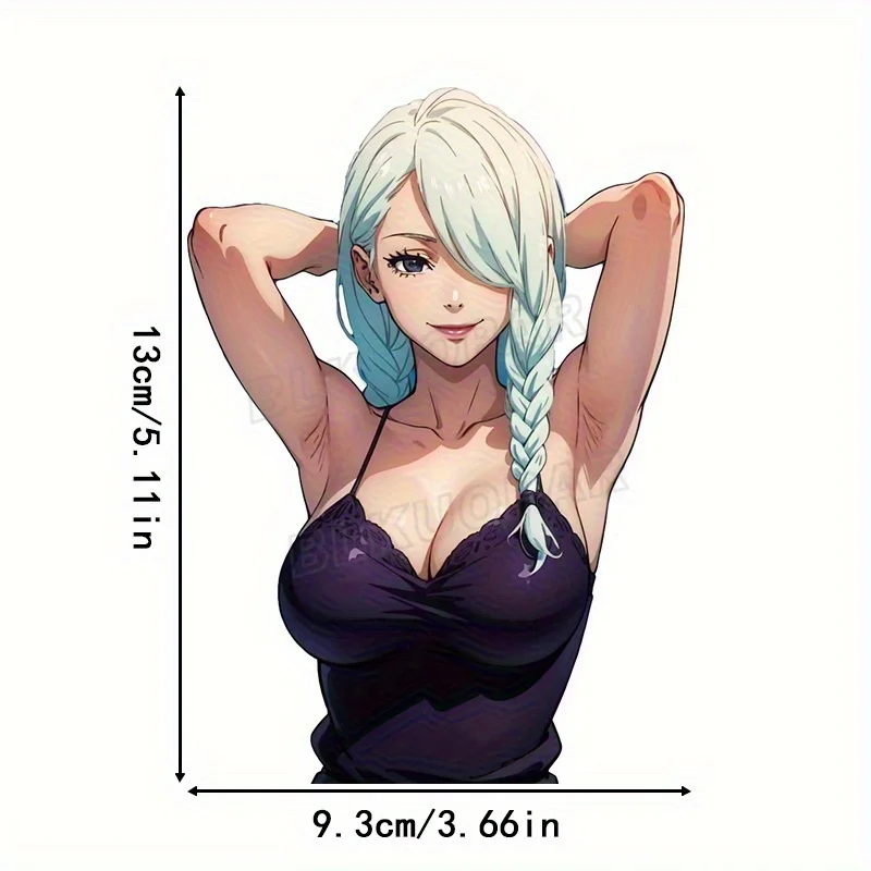 Waterproof Sunproof Anime Decal, 2D Flat White Hair Girl Purple Swimsuit Sticker for Motorcycle Helmet, Truck Bumper and Trunk view 2