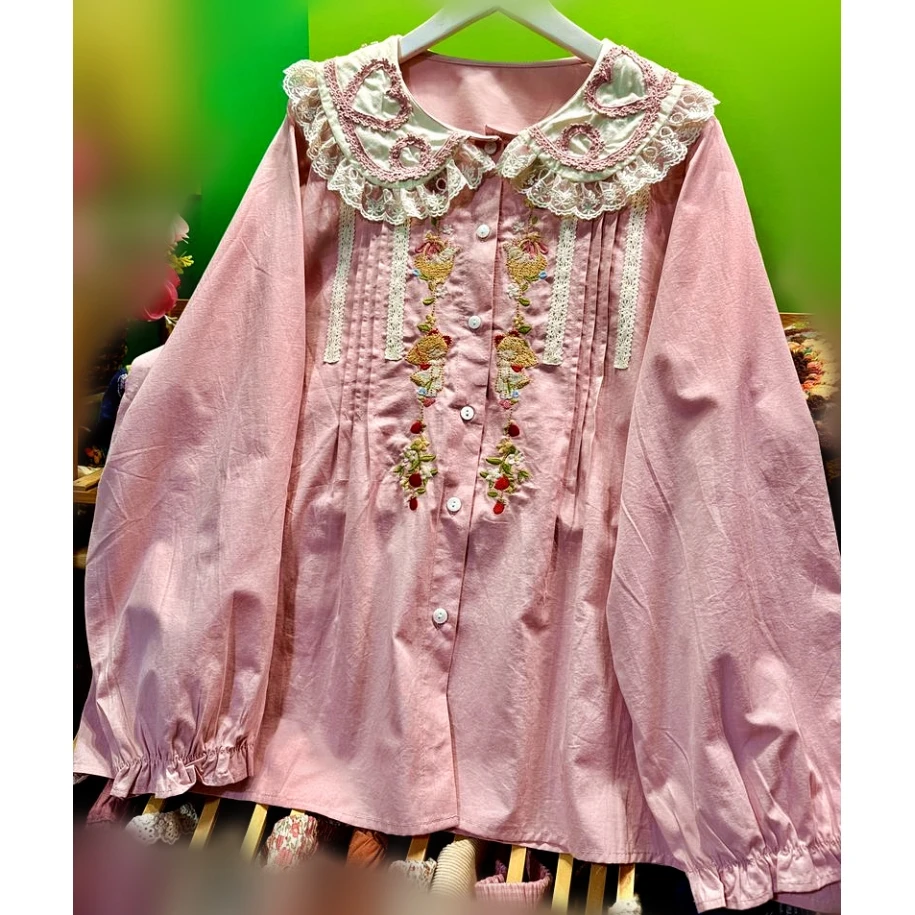 Autumn Cotton Sweet Kawaii Cute Pleated Lace Shirt Women Korean Vintage Mori Girl Lolita Casual Goblincore Cottagecore Blouse