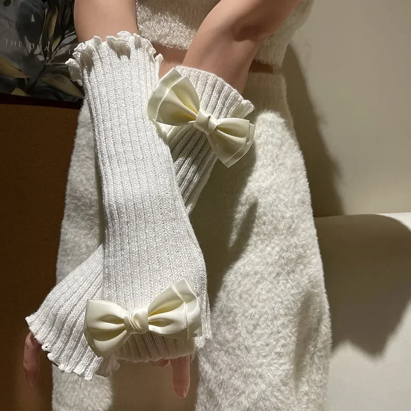 Guanti senza dita per papillon lavorati a maglia da donna manicotto per braccio Lolita Y2k Pink Girl Gothic Keep Wamrm guanti lunghi Kawaii JK