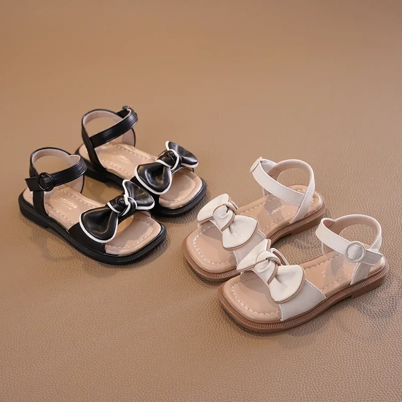 Sandália plana Sweet Bowknot infantil, sapato de praia versátil feminino, dedo do pé aberto, fundo macio, moda escolar, causal, infantil, verão