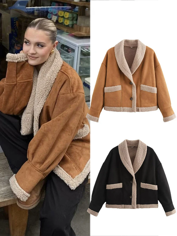 

HH Women's Winter British Style Short Street Jacket Retro Fur Integrated Lapel Single-breasted Women's Pocket Casual Jacket
