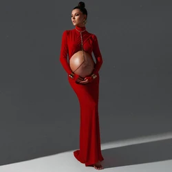 Sexy Elegant Maternity Photography Gown Expose Pregnant Belly Dress Photo Shoot Pregnant Red Floor Mopping Dress