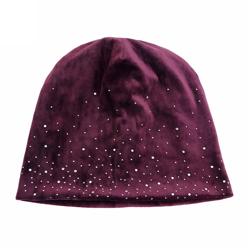 Autumn Winter Velour Slouchy Beanie Hat for Women Rhinestones Diamond Skullies Beanies Female Soft Warm Hats Casual Outdoor Cap