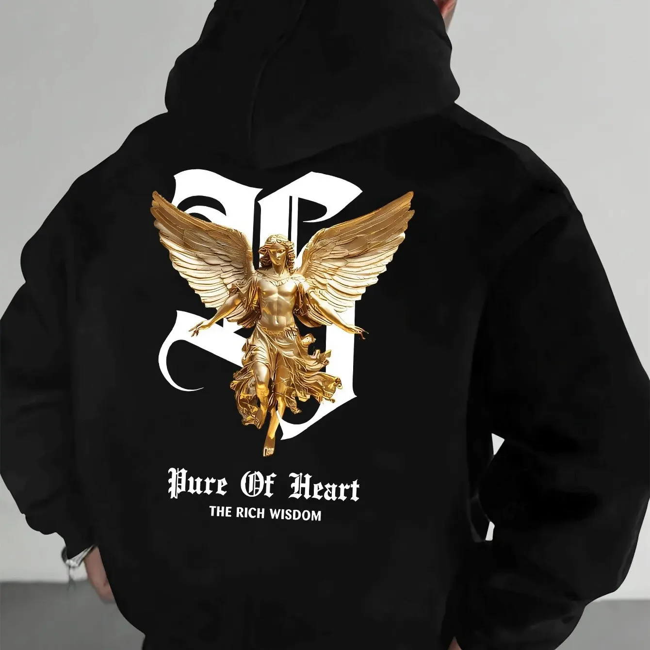 Men's Hoodie, Featuring a Gold Angel Statue, Gothic Lettering 