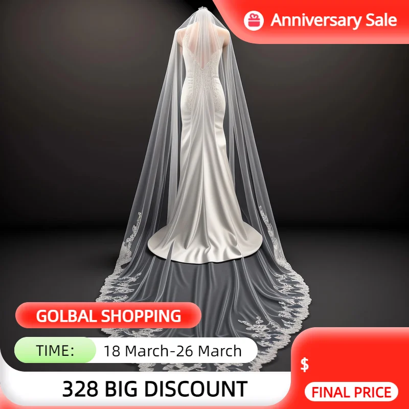 

V149 V Shape Wedding Veil Long Bridal Veils Cathedral 1 Tier Lace Appliques Edge Mantilla Wide Wedding Accessories for Bride