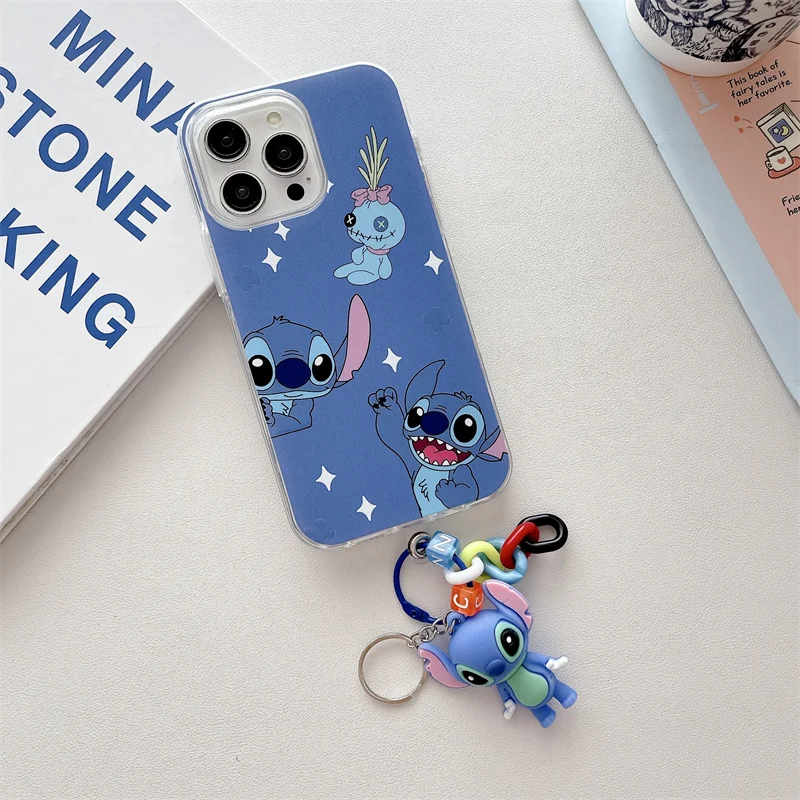 Funda de teléfono de dibujos animados de Disney para iPhone 13, 12, 11, 14, 15 Pro Max, 2 en 1, funda anticaída con armadura, llavero, muñeca de punto