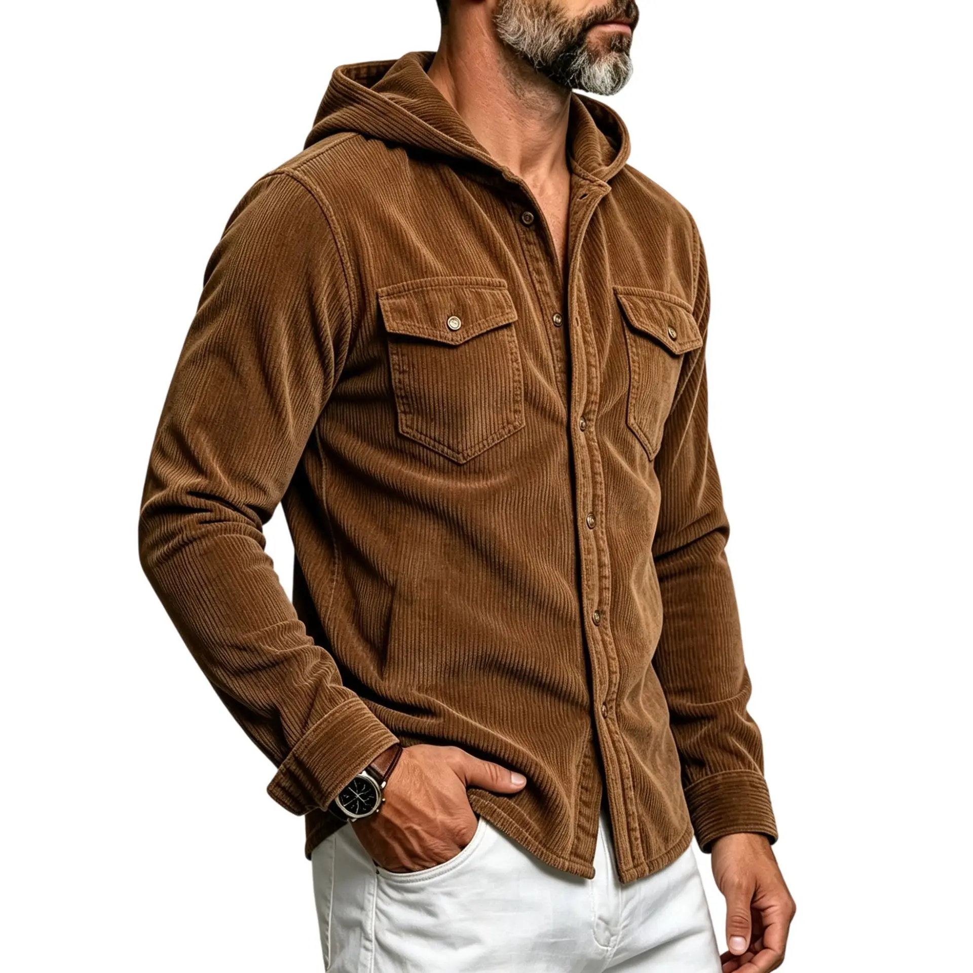 New Classic Retro Men's Corduroy Hooded Jacket Coat Button-Down Double Pocket Loose Casual Shirts Autumn Retro Men's Outerwear