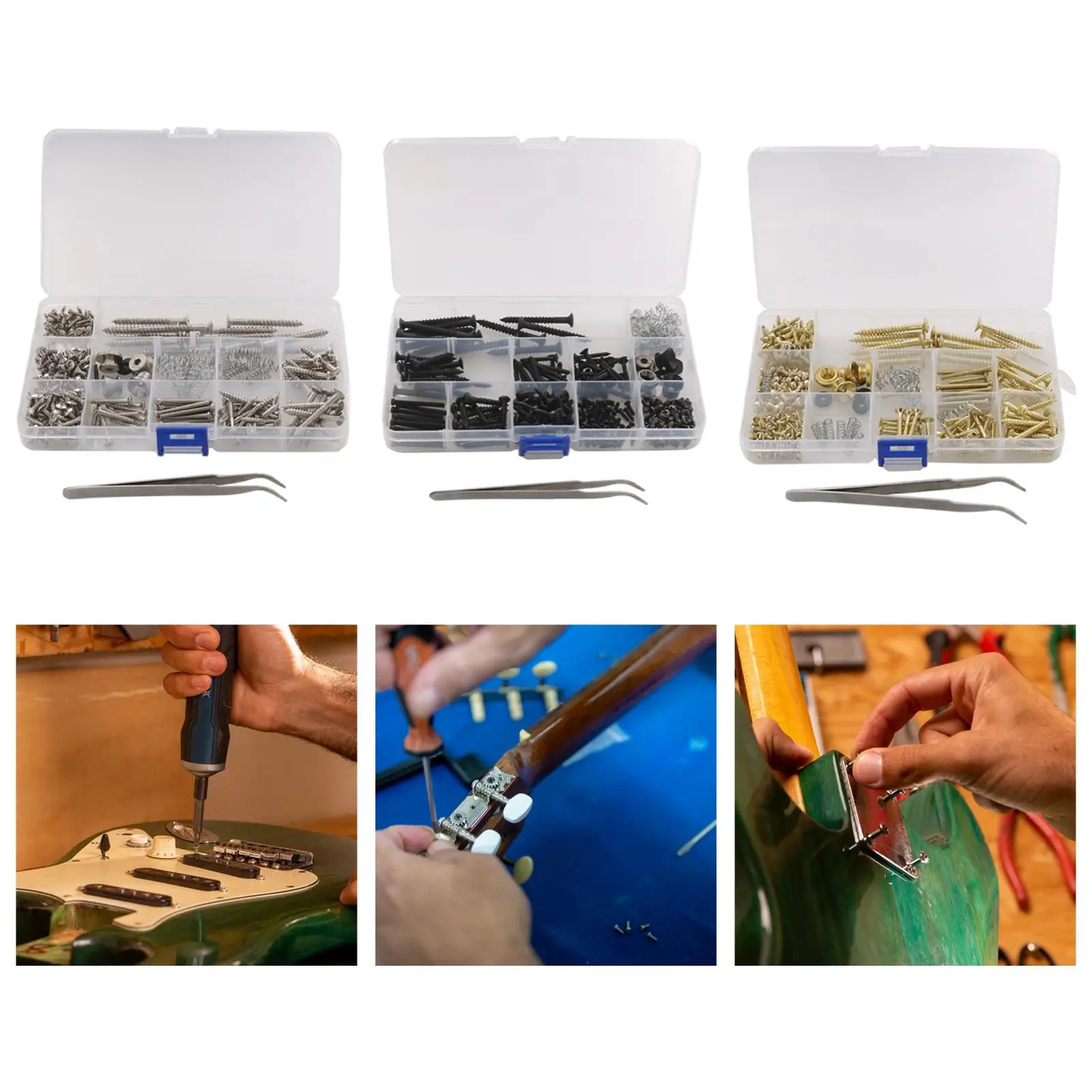 

Набор из 262 винтов для электрогитары, пружин, комплектующих в коробке, гитарная фурнитура для переключателей, тюнеров, креплений для ремней, штырьков для ремней, пикгардов, звукоснимателей