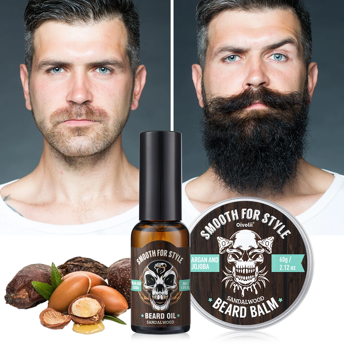 Sandalwood Beard Care Set: Oil & Balm with Argan Oil. Strengthens, hydrates, softens, adds luster. Sandalwood scent. Perfect gif